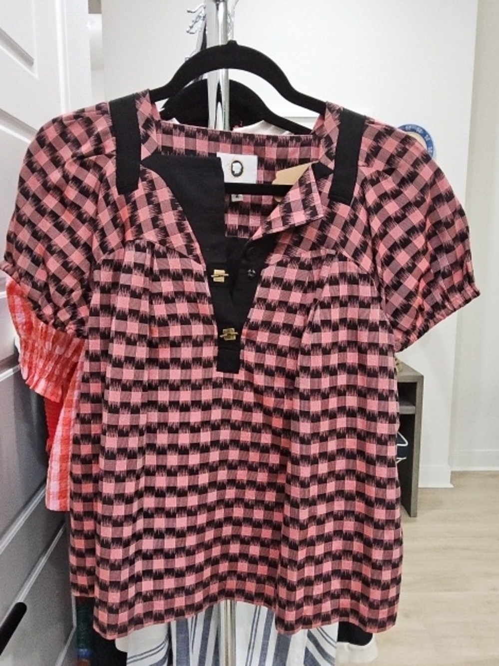Mayle Pink and Black Check Plaid Short Sleeve Blouse